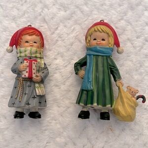 Vintage 1980s Bradford Novelty Christmas Ornaments Midcentury Set of 2